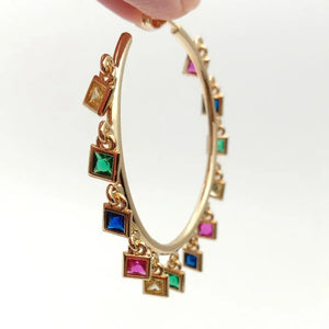 Rainbow CZ Charm Circle Hoop Earrings Boho Steampunk Ear Clip Earrings