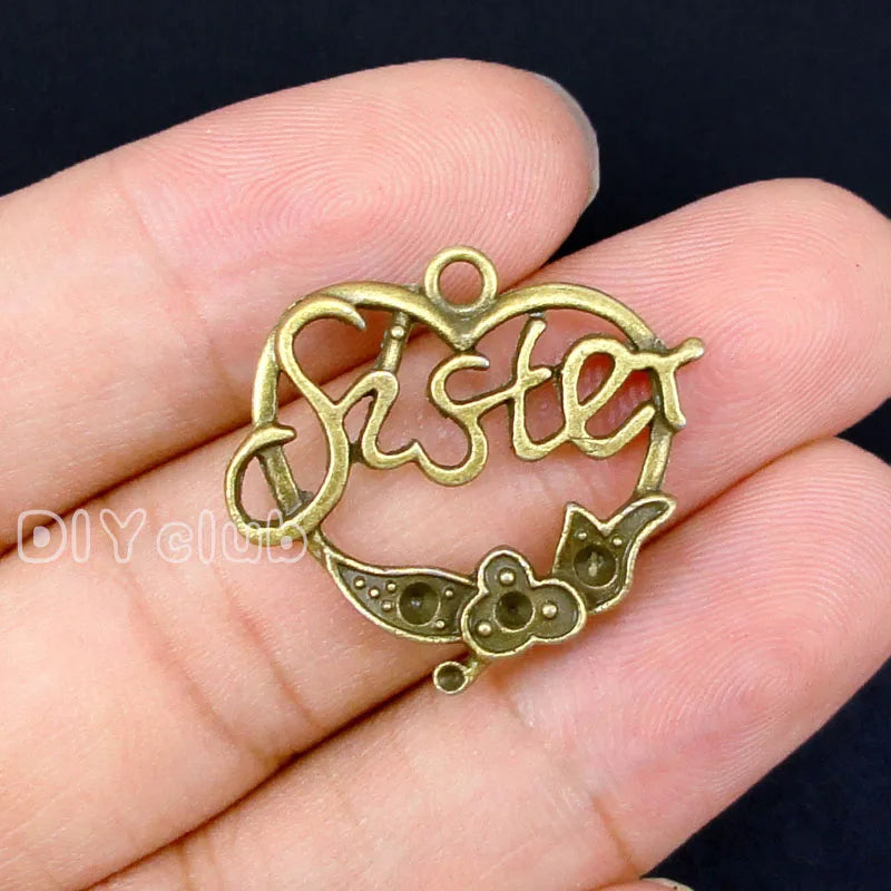 40pcs Antique Bronze Sister Heart Charms Pendant 27x24mm