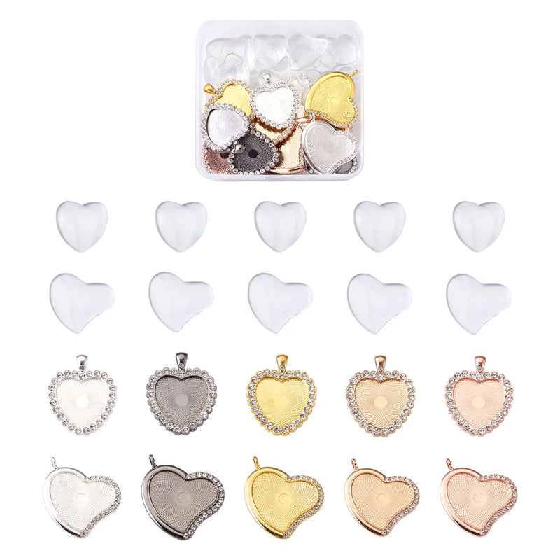 40pcs Heart Pendant Base Setting Glass Cabochons DIY Jewelry Making Blank Tray