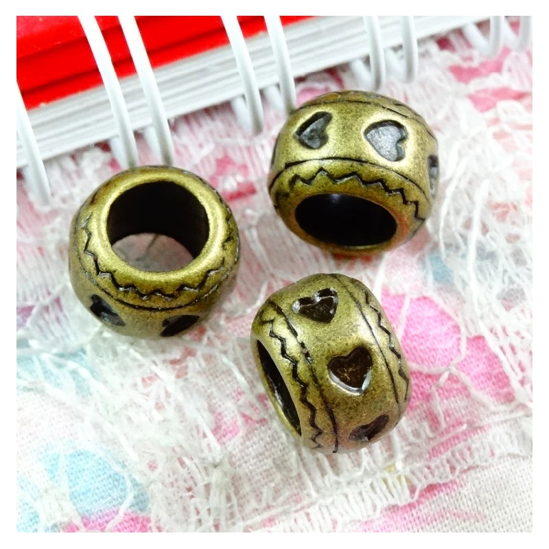 40pcs Hearts Beads 6.5mm big hole Charms Antique Bronze DIY Bracelet Making