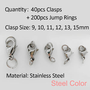 40pcs Stainless Steel Lobster Clasp + Jump Rings DIY Jewelry Making Findings