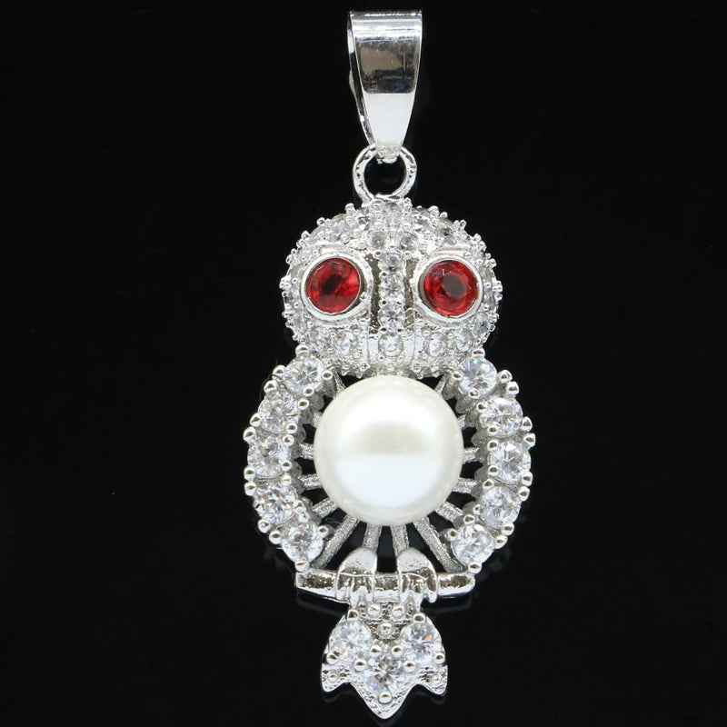 Owl Pendant Jewelry Set with Blood Ruby Pearl and Cubic Zircon