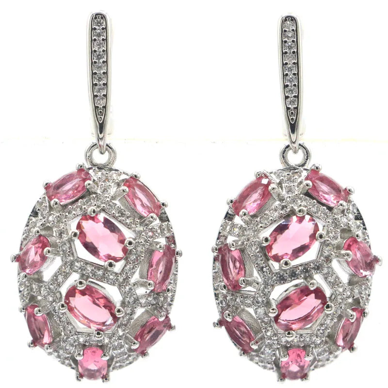 Pink Tourmaline CZ 925 Silver Earrings, Wedding Jewelry
