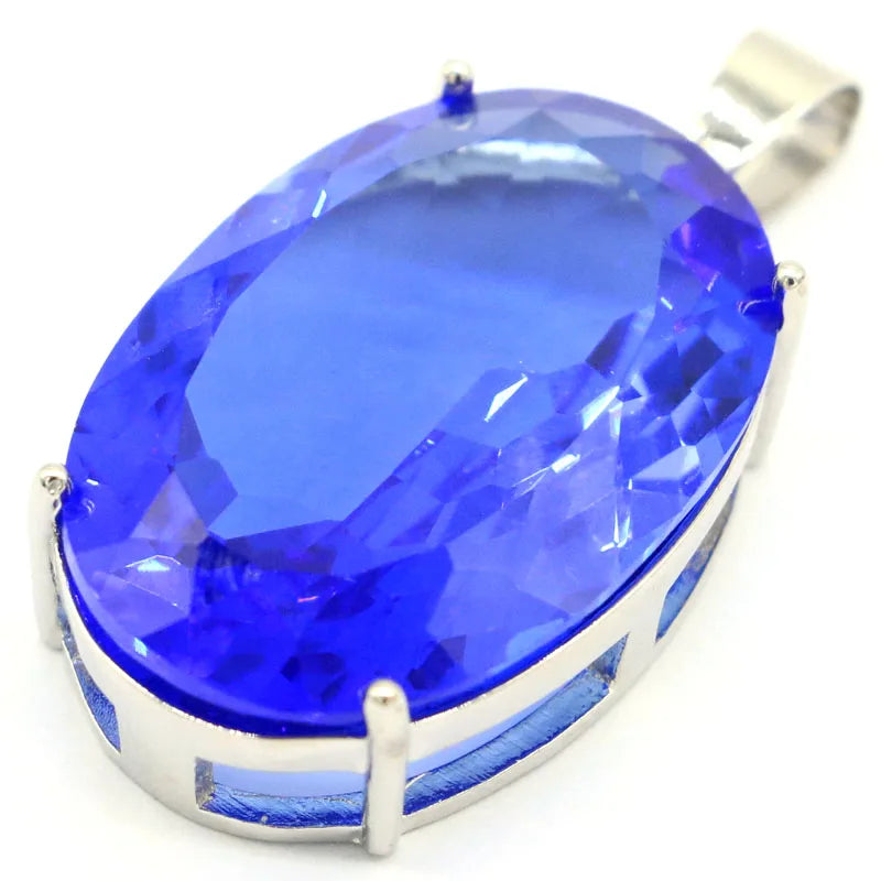 Big Oval Gemstone Pink Morganite Violet Tanzanite Silver Pendant