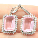 Rectangle Pink Kunzite Sapphire CZ Silver Earrings