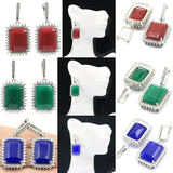 Real Green Emerald Ruby Sapphire CZ Wedding 925 Silver Pendant Earrings