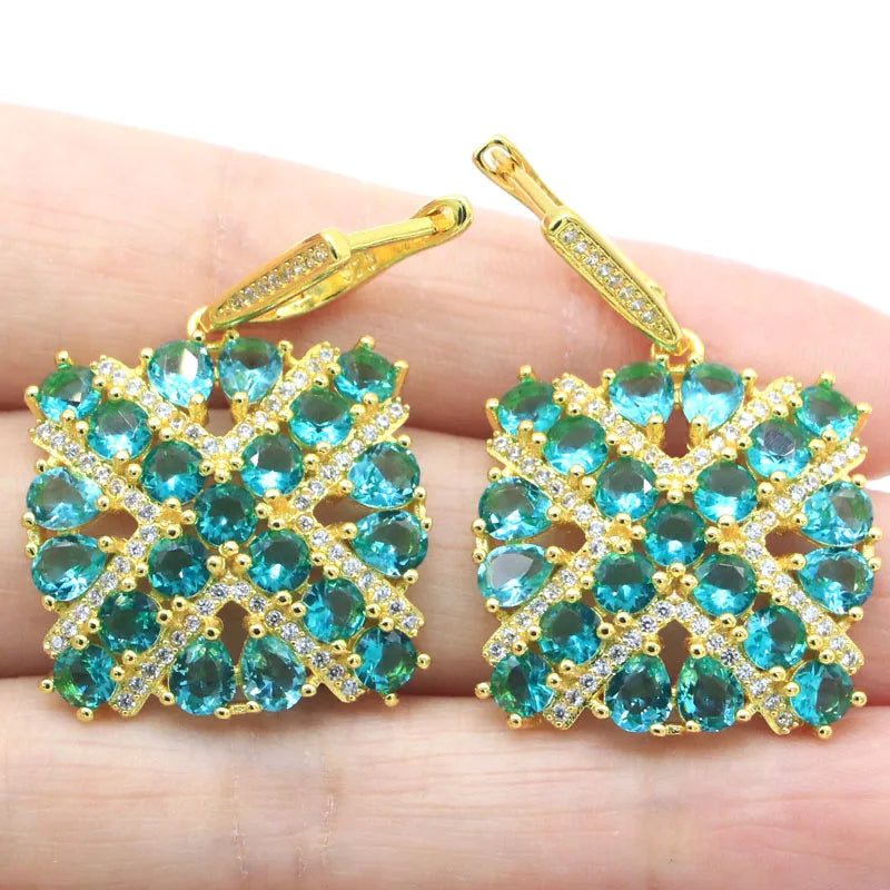 Rich Aquamarine CZ Women Earrings Pendant Set