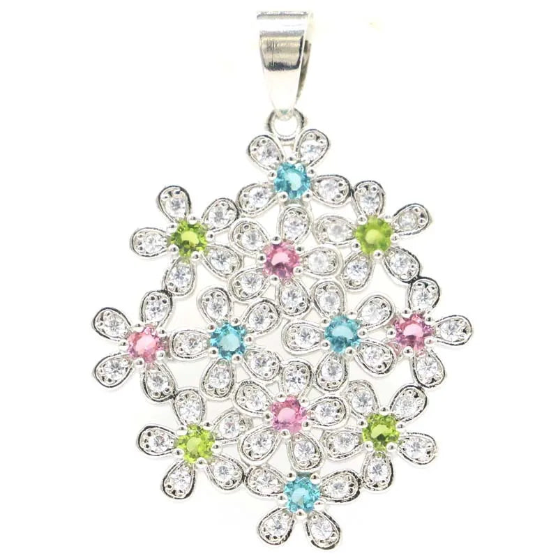 Green Peridot Aquamarine Pink Tourmaline CZ Silver Pendant