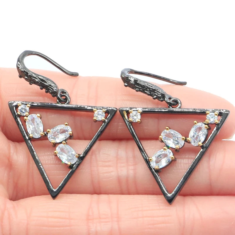 Vintage Trangle Jewelry Set Gothic Bright Cubic Zircon Silver Pendant Earrings