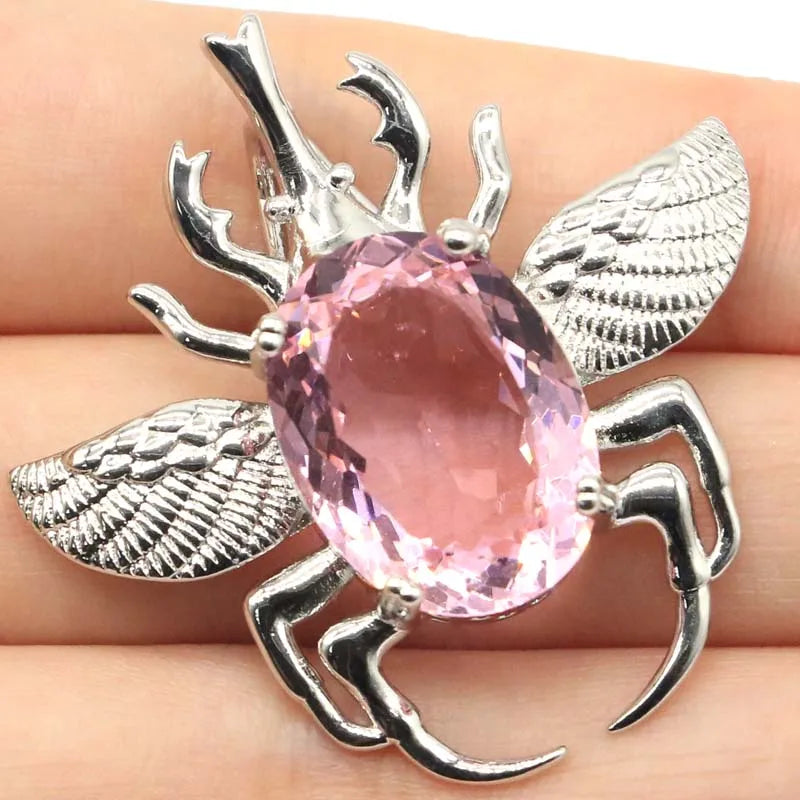 Big Insect Pink Tourmaline Kunzite Silver Pendant for Women