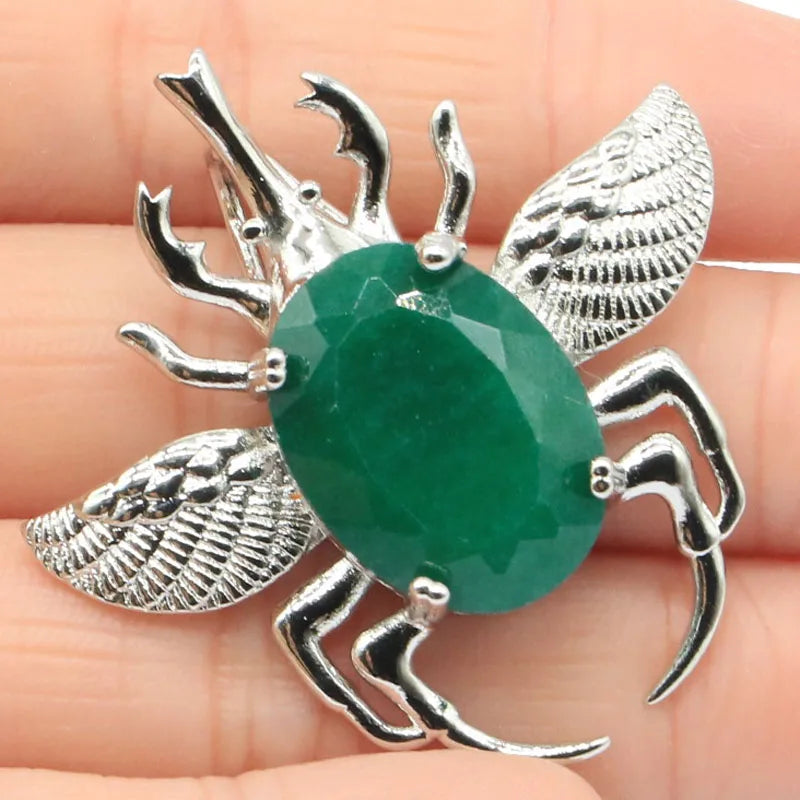 Big Green Emerald Insect Silver Pendant for Women Wedding