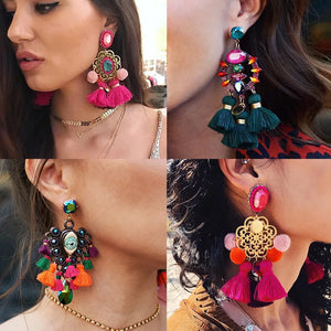 Boho Crystal Tassel Chain Drop Earrings - Large Style