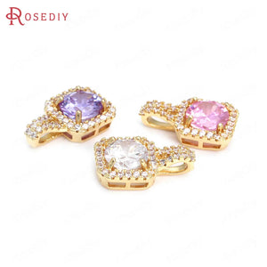 6PCS Champagne Brass Zircon Square Necklace Charms Pendants