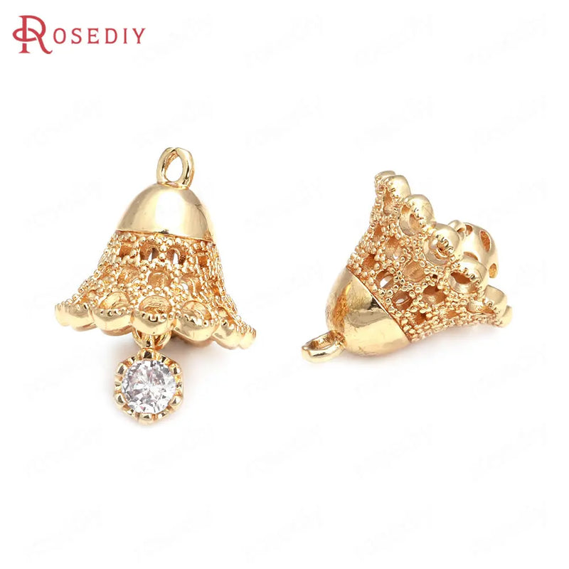 6PCS Champagne Brass Zircon Bells Charms Pendants Jewelry Making