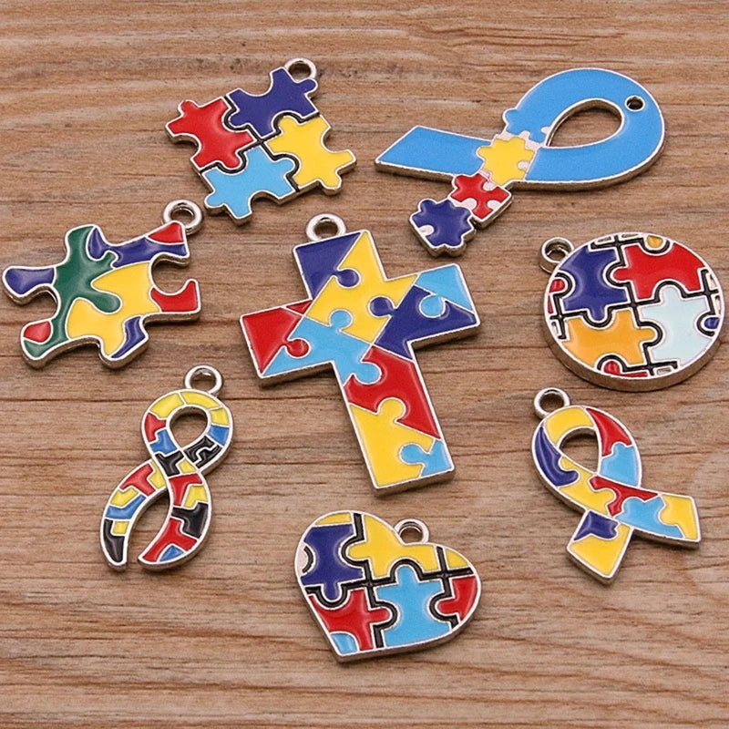 Autism Awareness Ribbon Pendant with Puzzle Pendant Bulk Diy Necklace Keychain