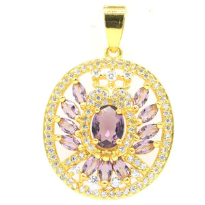 Purple Amethyst CZ Fine Jewelry Set 14k Silver Earrings Pendant