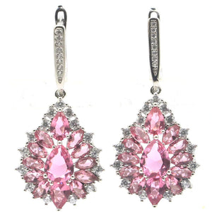 Pink Tourmaline Aquamarine CZ Silver Earrings