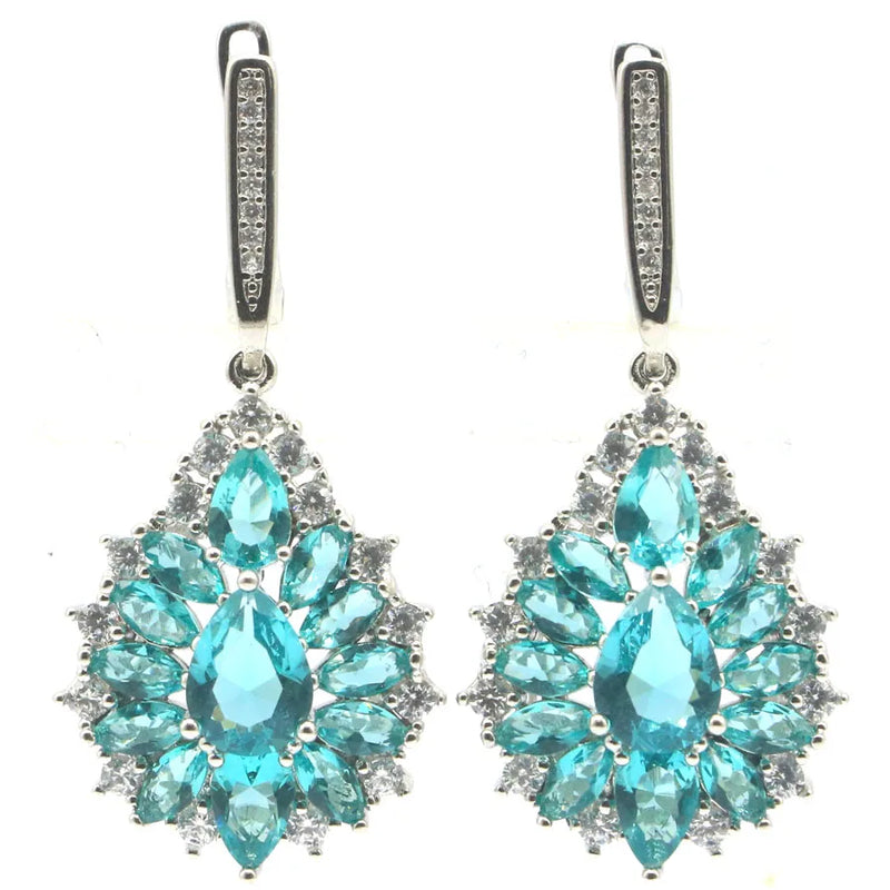 Pink Tourmaline Aquamarine CZ Silver Earrings