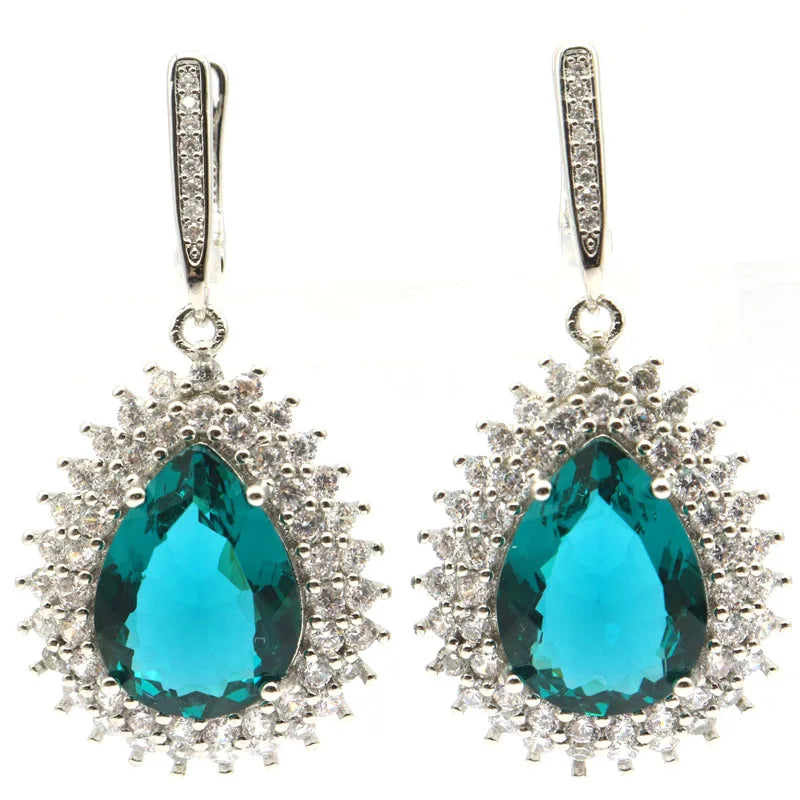 Stunning Aquamarine Pink Morganite CZ Silver Earrings