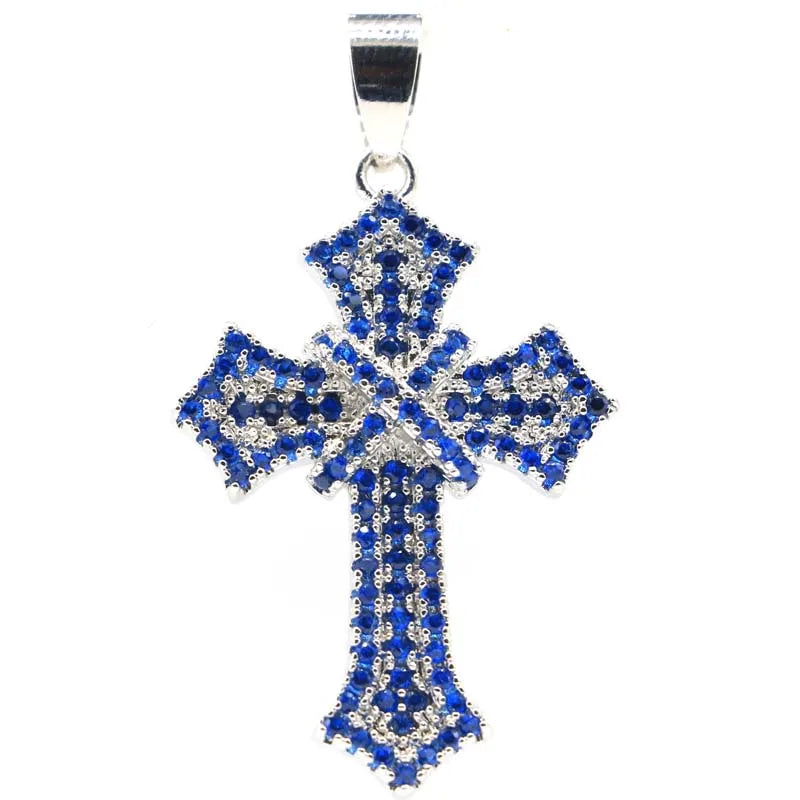 Classic Queen Long Cross Orange Spessartine Garnet Tanzanite Silver Pendant
