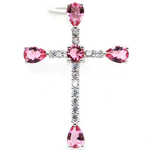 Cross Mosaic Pink Tourmaline CZ Pendant in 925 Sterling Silver