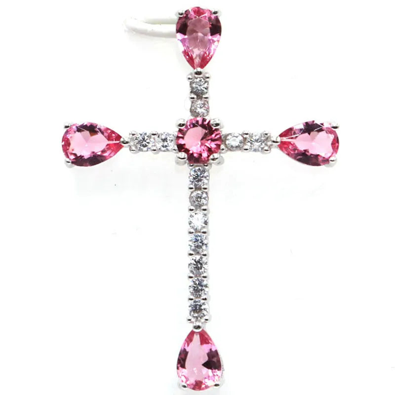 Cross Mosaic Pink Tourmaline CZ Pendant in 925 Sterling Silver