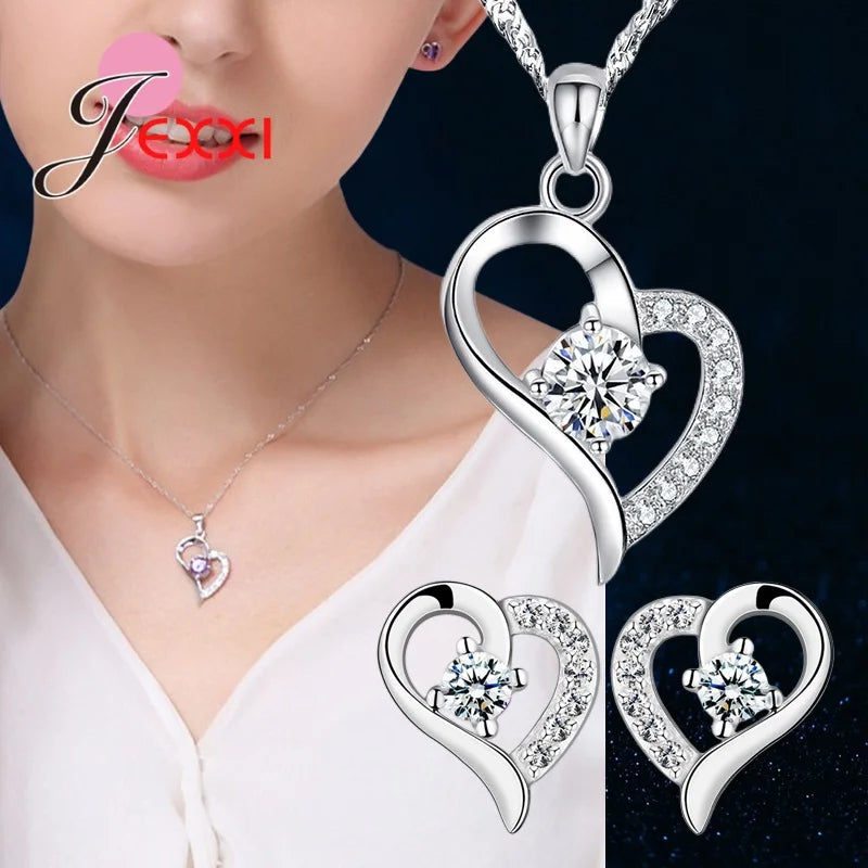925 Silver Heart Charms Jewelry Set for Women Wedding