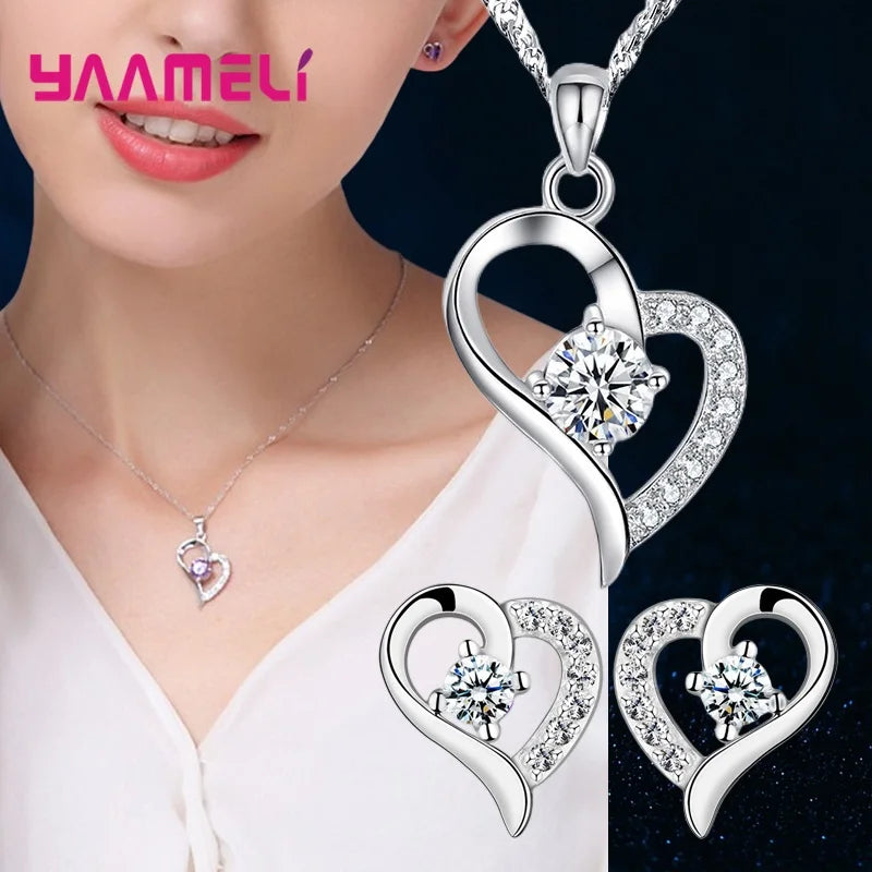 925 Silver Jewelry Sets for Women Wedding, CZ Heart Charms Necklace Earrings