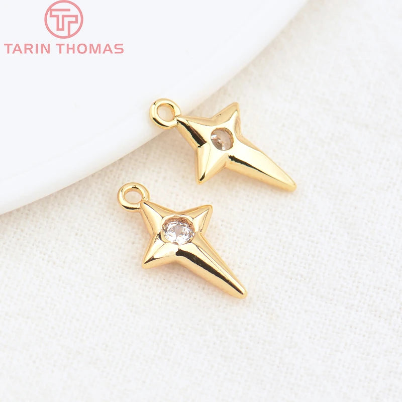 10PCS 8x14MM Hole 1MM 24K Brass Zircon Star Charms Pendants