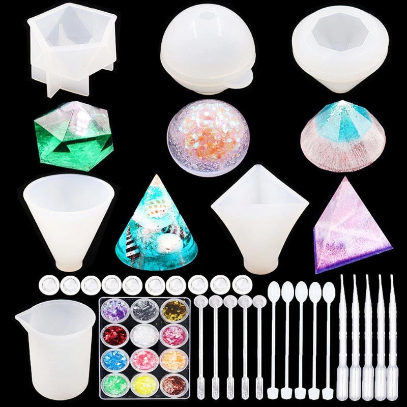 43Pcs 3D Pyramid Cone Sphere Diamond Silicone Resin Molds