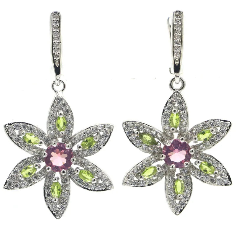 Pink Tourmaline Green Peridot CZ 925 Silver Earrings