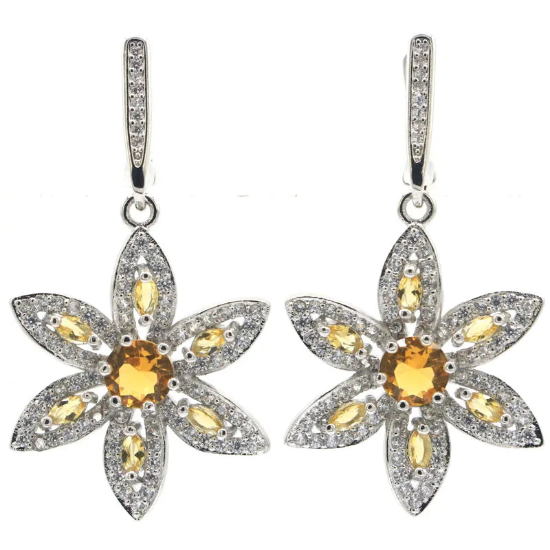 Golden Citrine Pink Tourmaline CZ 925 Silver Earrings