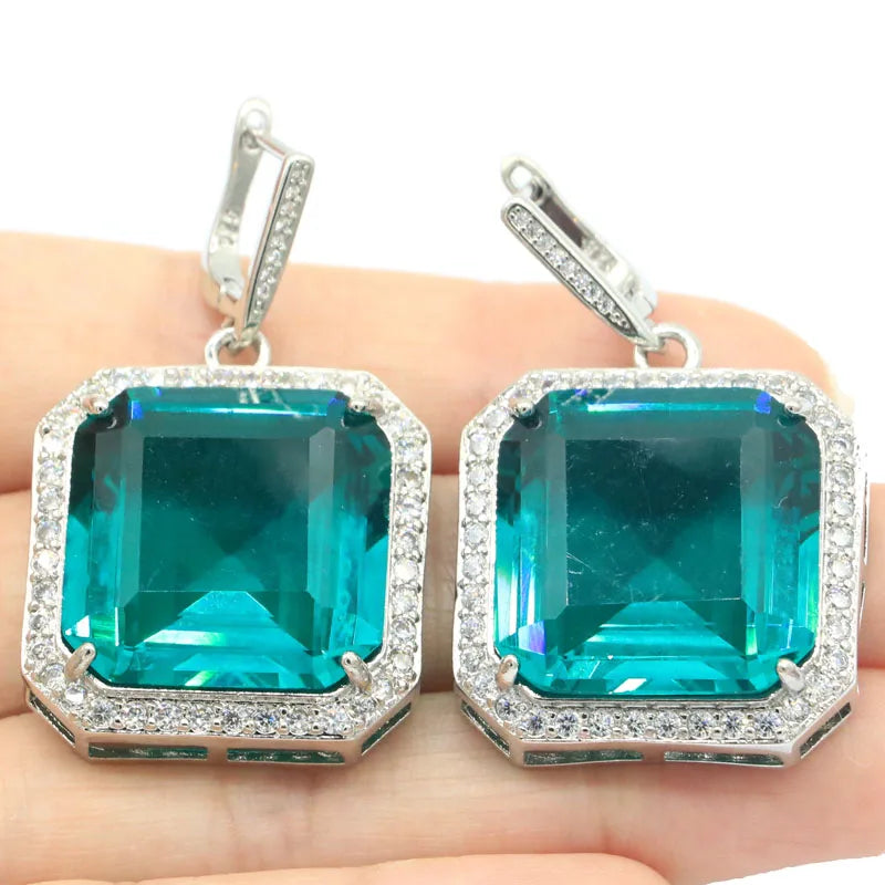 Delicate Cut Big Heavy 30g Aquamarine Pink Kunzite CZ Silver Earrings