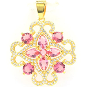 Eye Catching Pink Tourmaline CZ Silver Pendant Earrings