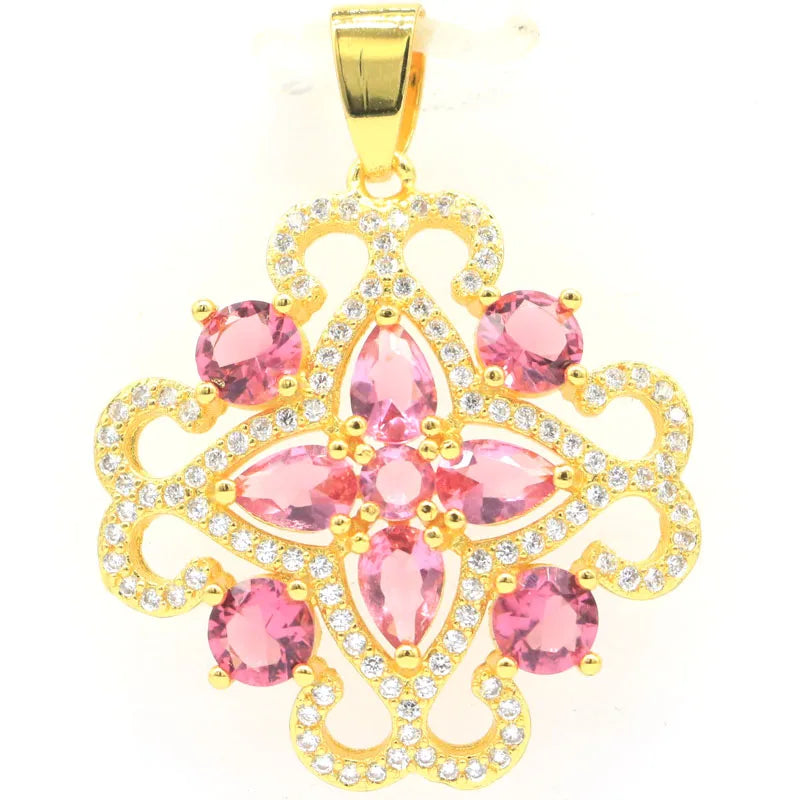Eye Catching Pink Tourmaline CZ Silver Pendant Earrings