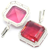 Big Square Pink Tourmaline Tanzanite CZ Silver Earrings
