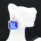 Big Square Pink Tourmaline Tanzanite CZ Silver Earrings