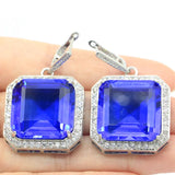 Big Square Pink Tourmaline Tanzanite CZ Silver Earrings