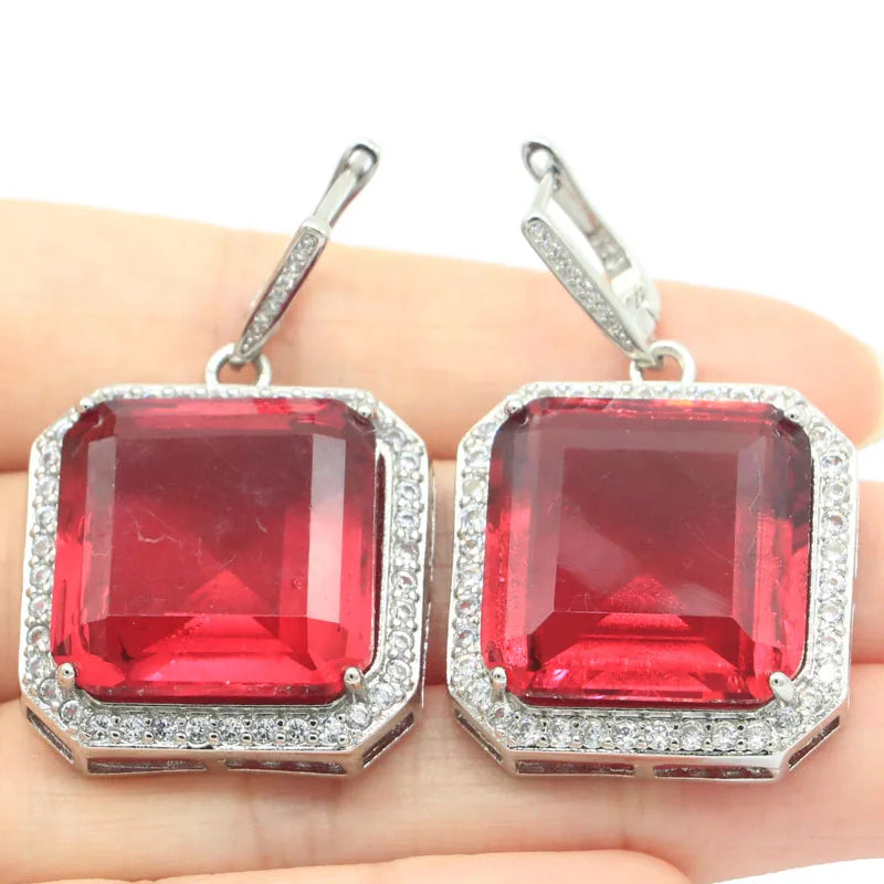 Big Square Pink Tourmaline Tanzanite CZ Silver Earrings