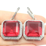 Big Square Pink Tourmaline Tanzanite CZ Silver Earrings