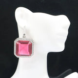 Big Square Pink Tourmaline Tanzanite CZ Silver Earrings