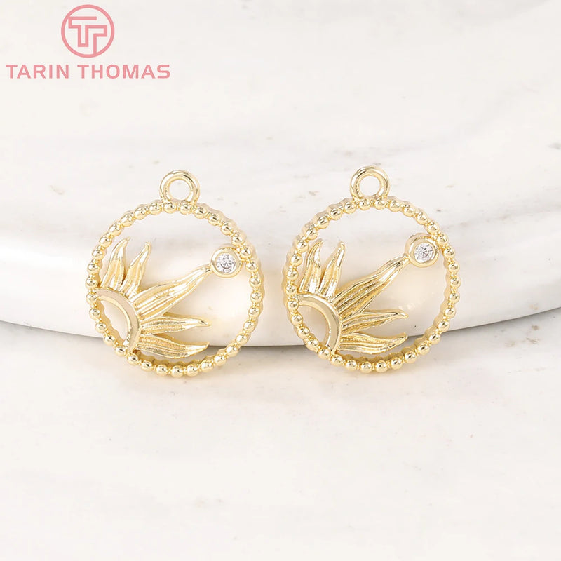 4PCS 14x14MM 24K Brass Zircon Sun Round Charms Pendants for Jewelry Making