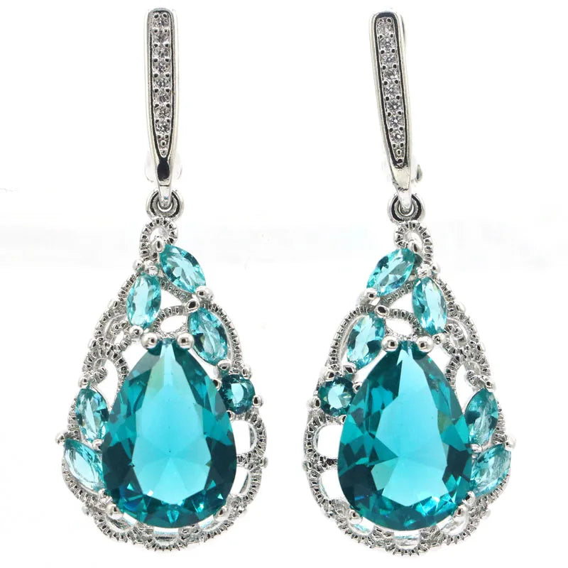 Orange Spessartine Garnet Aquamarine CZ Engagement Silver Earrings
