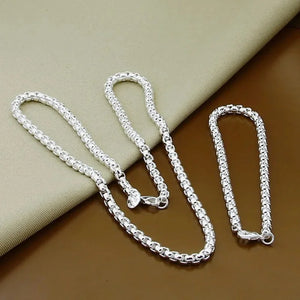 925 Sterling Silver Round Box Chain Necklace Set 4mm