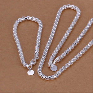 925 Silver 4MM Round Chain Bracelet Necklace Set for Women Men
