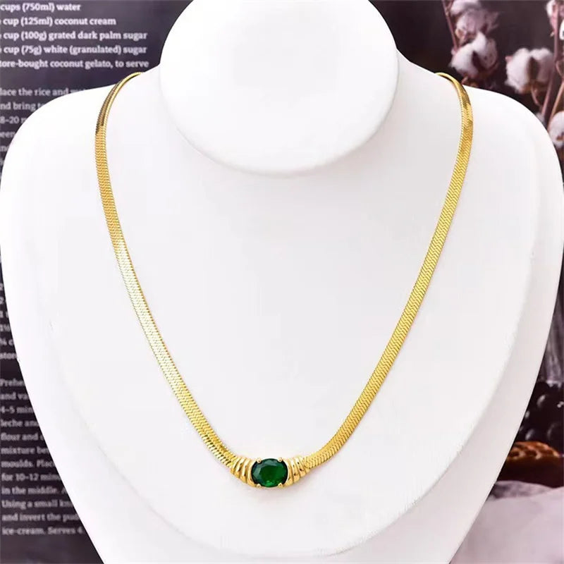 Stainless Steel Necklace Bracelet Set Green CZ Stone Jewelry Gift