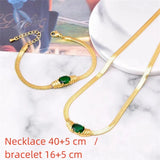 Stainless Steel Necklace Bracelet Set Green CZ Stone Jewelry Gift