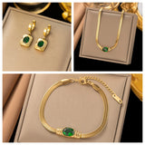 Stainless Steel Necklace Bracelet Set Green CZ Stone Jewelry Gift