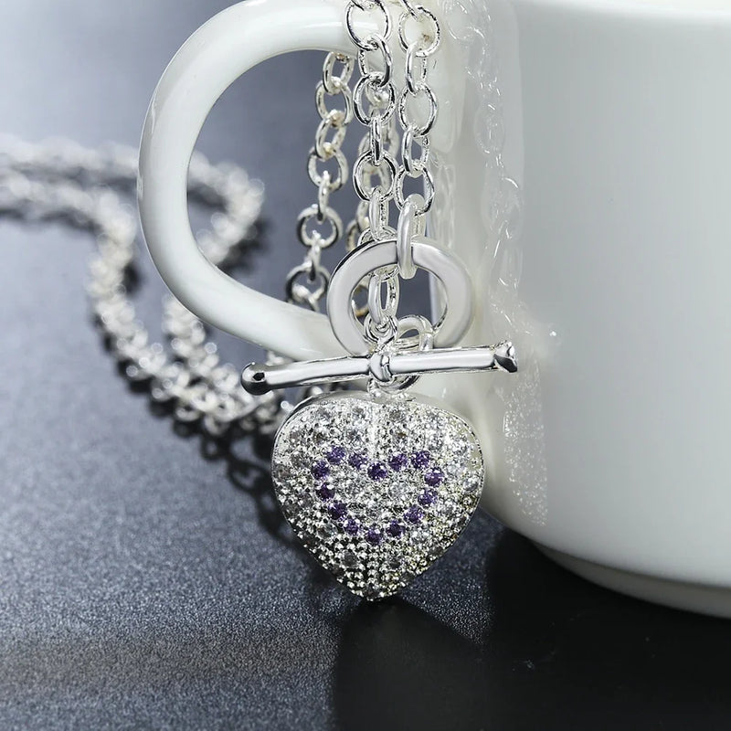 925 Silver Purple Crystal Heart Pendant Necklace Wedding Accessory