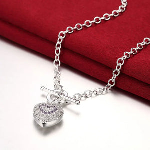 925 Silver Purple Crystal Heart Pendant Necklace Wedding Accessory